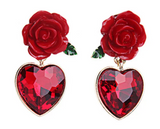NEW! Red Rose with Red Crystal Heart Drop Earrings