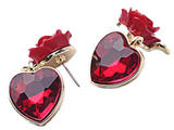 NEW! Red Rose with Red Crystal Heart Drop Earrings