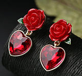 NEW! Red Rose with Red Crystal Heart Drop Earrings