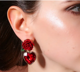 NEW! Red Rose with Red Crystal Heart Drop Earrings