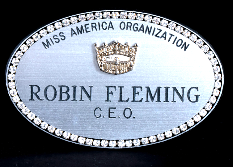 Rhinestone Framed Miss America Crown Name Badge- Silver or Gold