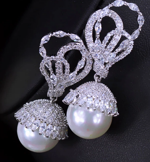 Elegant Big Round Pearl Drop CZ Luxury Earrings