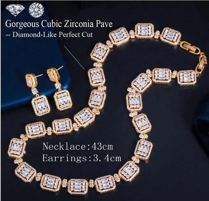 Elegant CZ Necklace & Earring Set - Gold or Silver
