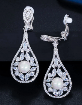 Pearl Drop CZ Clip Earrings