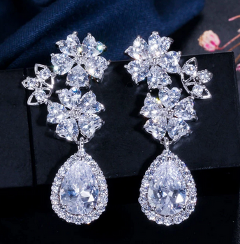 Elegant Floral Drop CZ Clip Earrings