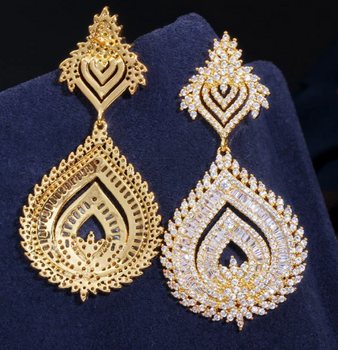 Dressy Long CZ Luxury Earrings - Gold