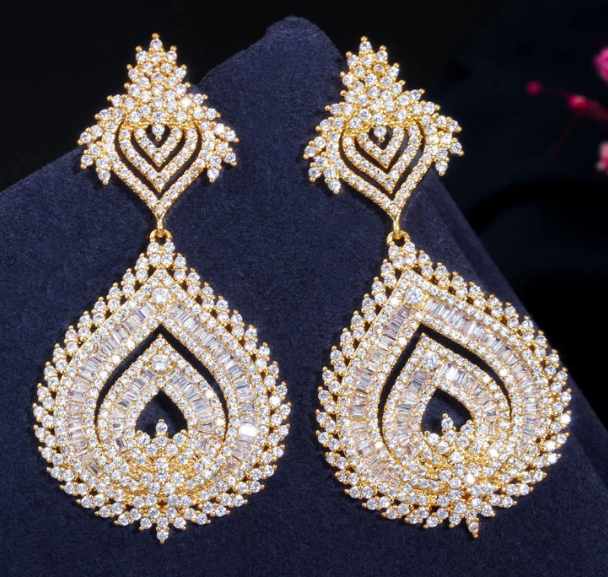 Dressy Long CZ Luxury Earrings Gold