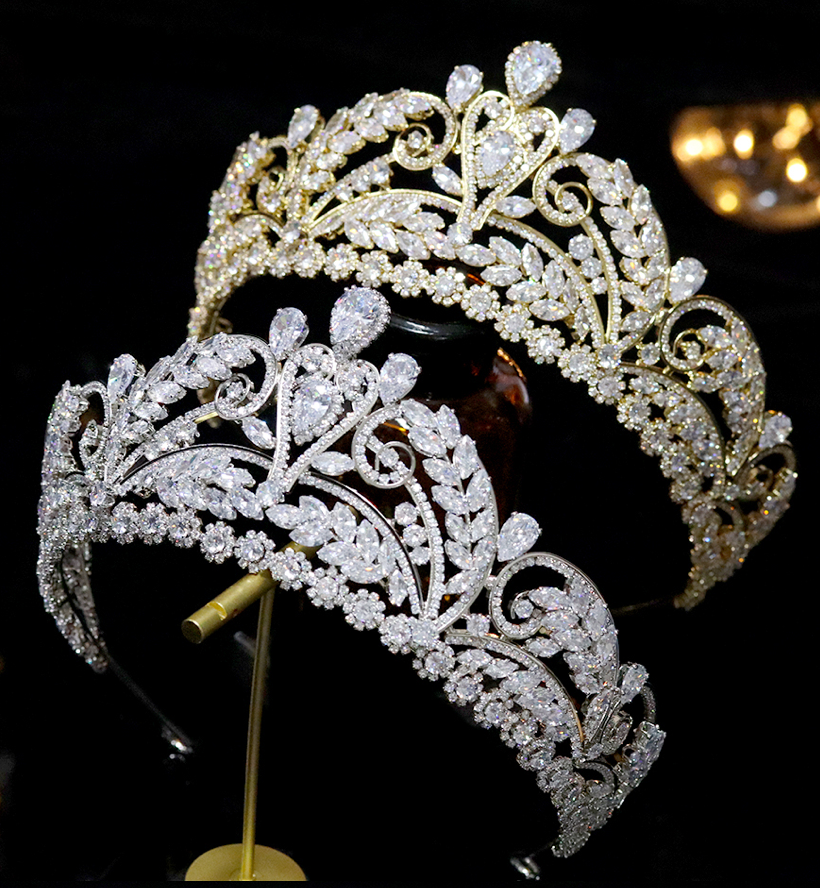 Fanciful CZ Tiara - Clear/gold or silver, Purple, green or blue accents